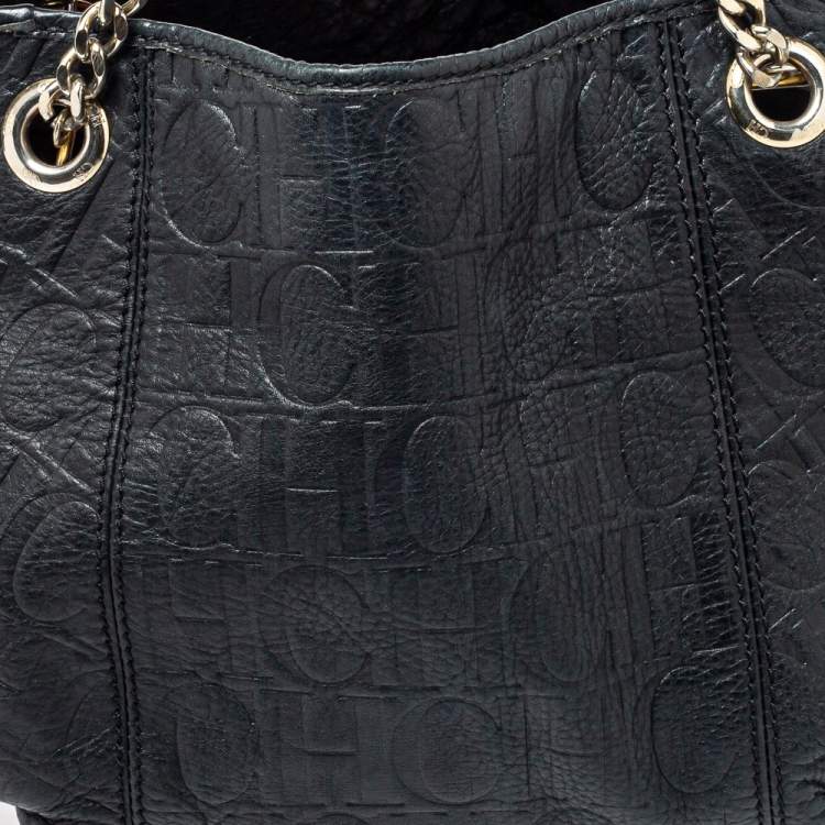 Pre Owned CH Carolina Herrera Black Monogram Leather Poppy Tote
