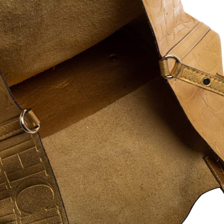 Pre Owned Carolina Herrera Gold Monogram Leather Matryoshka Tote