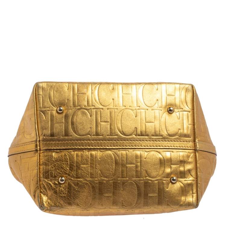 Pre Owned Carolina Herrera Gold Monogram Leather Matryoshka Tote