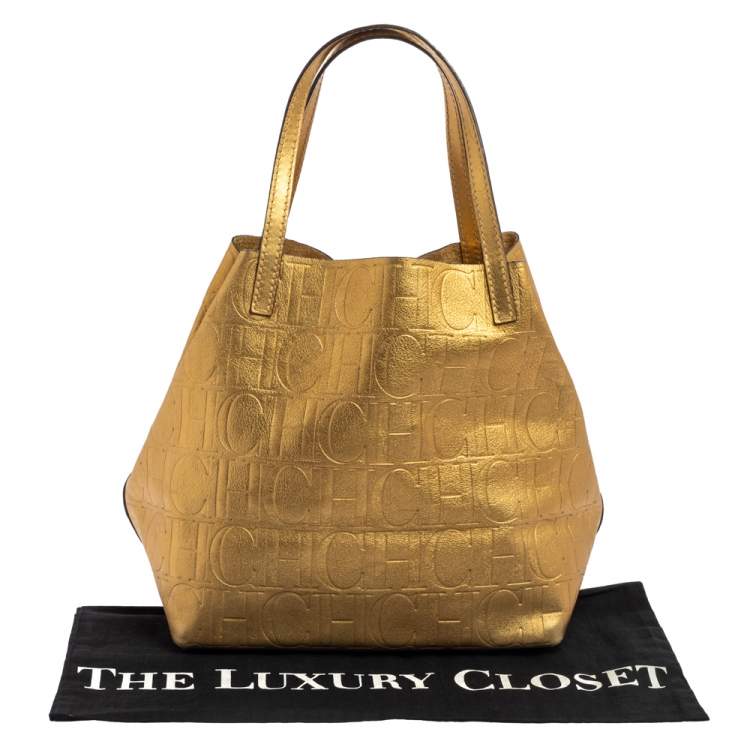 Pre Owned Carolina Herrera Gold Monogram Leather Matryoshka Tote