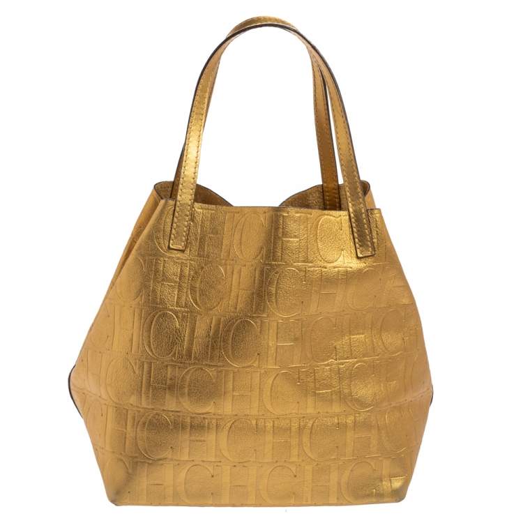 Pre Owned Carolina Herrera Gold Monogram Leather Matryoshka Tote