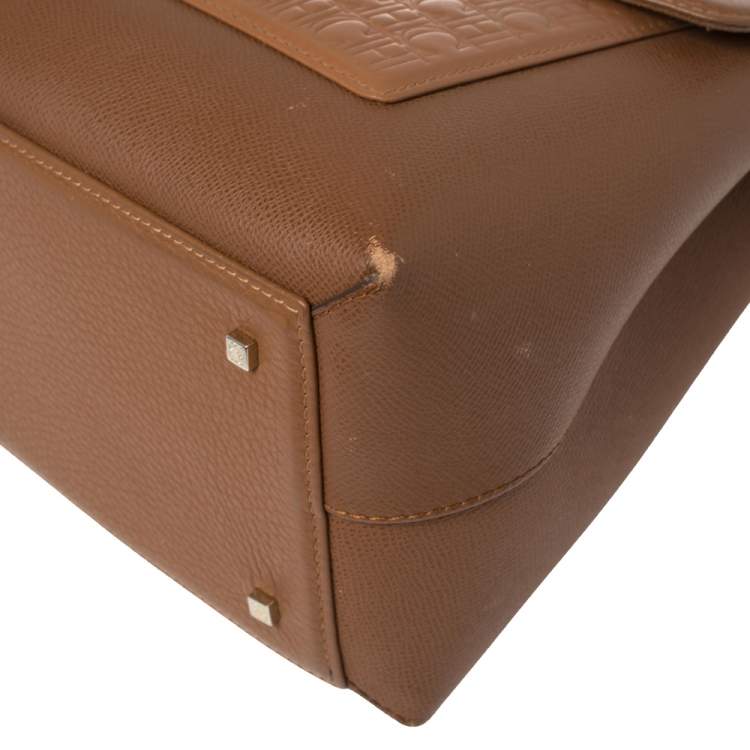 Pre Owned Carolina Herrera Brown Monogram Leather Top Handle Bag