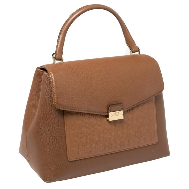 Pre Owned Carolina Herrera Brown Monogram Leather Top Handle Bag