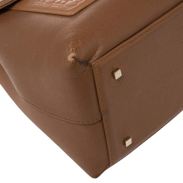 Pre Owned Carolina Herrera Brown Monogram Leather Top Handle Bag