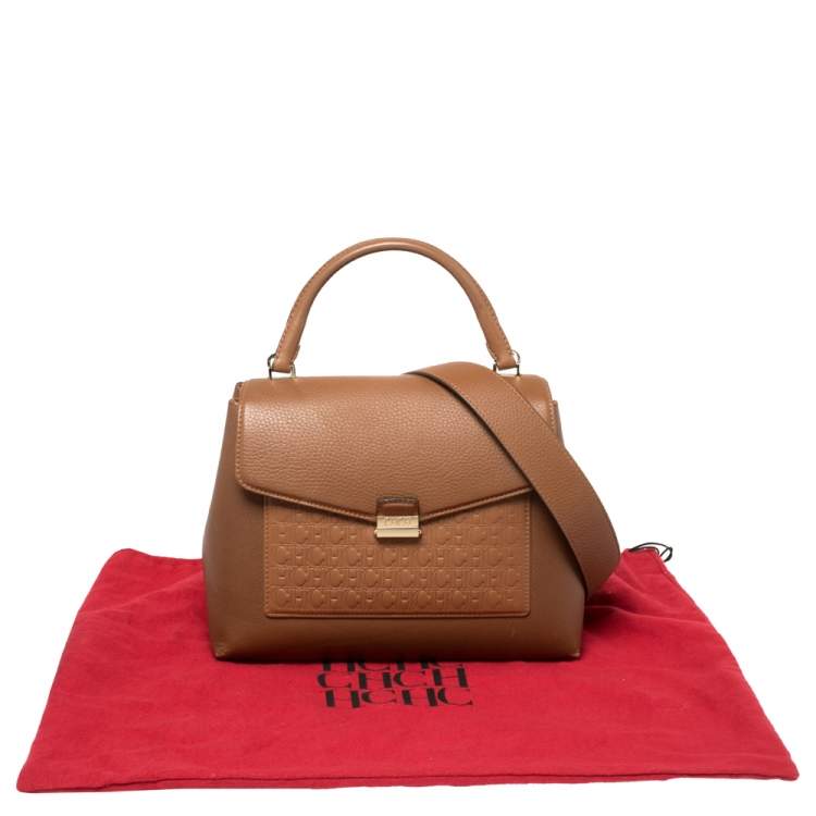 Pre Owned Carolina Herrera Brown Monogram Leather Top Handle Bag