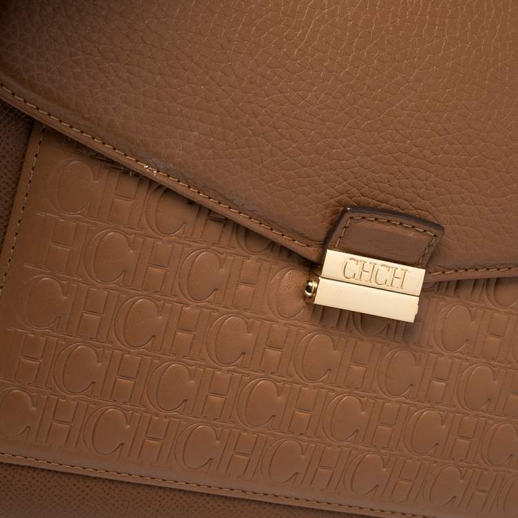 Pre Owned Carolina Herrera Brown Monogram Leather Top Handle Bag