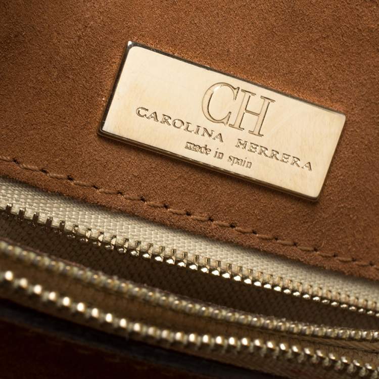 Pre Owned Carolina Herrera Brown Monogram Leather Top Handle Bag