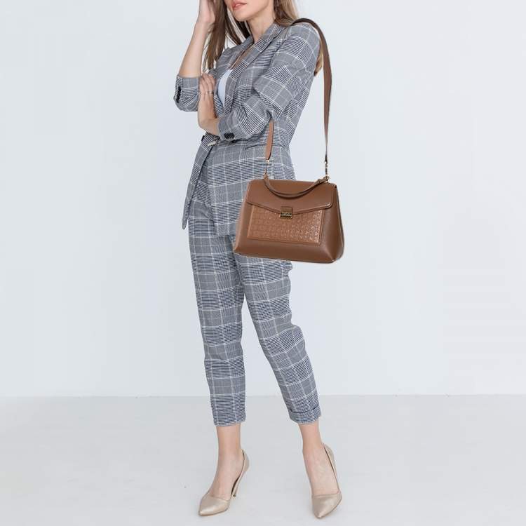 Pre Owned Carolina Herrera Brown Monogram Leather Top Handle Bag
