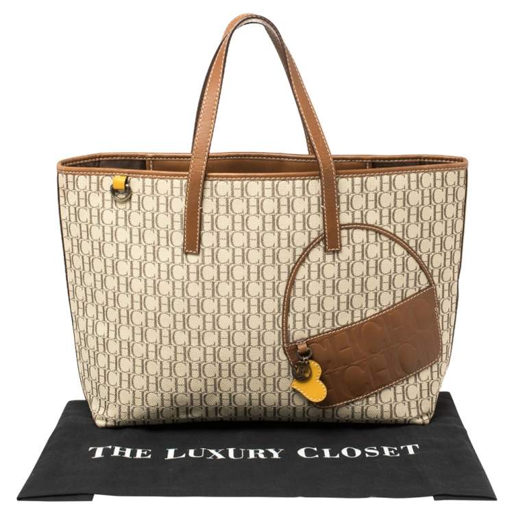 Pre Owned Carolina Herrera Brown/Beige Monogram Canvas and Leather Tote 