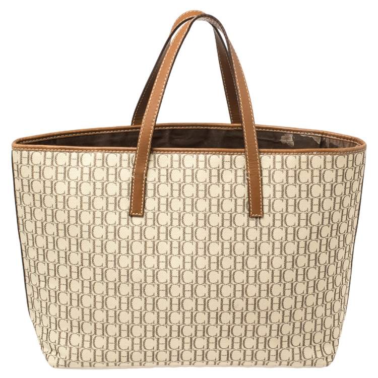 Pre Owned Carolina Herrera Brown/Beige Monogram Canvas and Leather Tote 