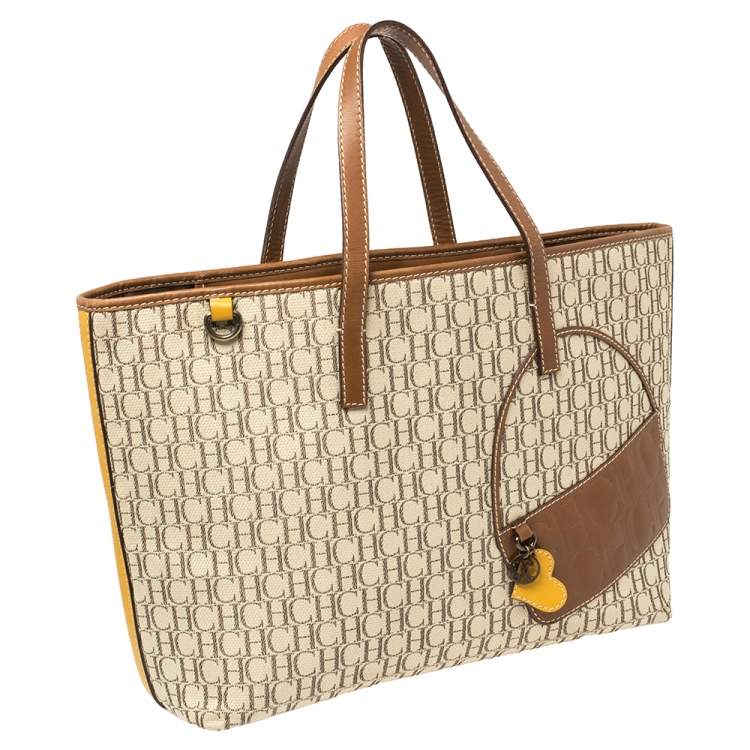 Pre Owned Carolina Herrera Brown/Beige Monogram Canvas and Leather Tote 
