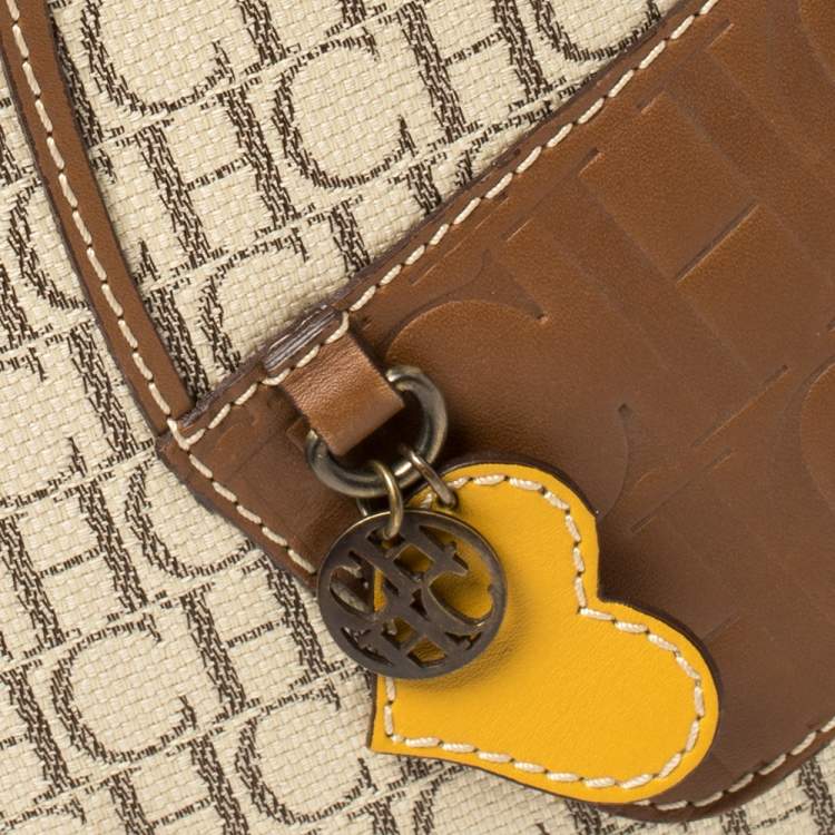 Pre Owned Carolina Herrera Brown/Beige Monogram Canvas and Leather Tote 