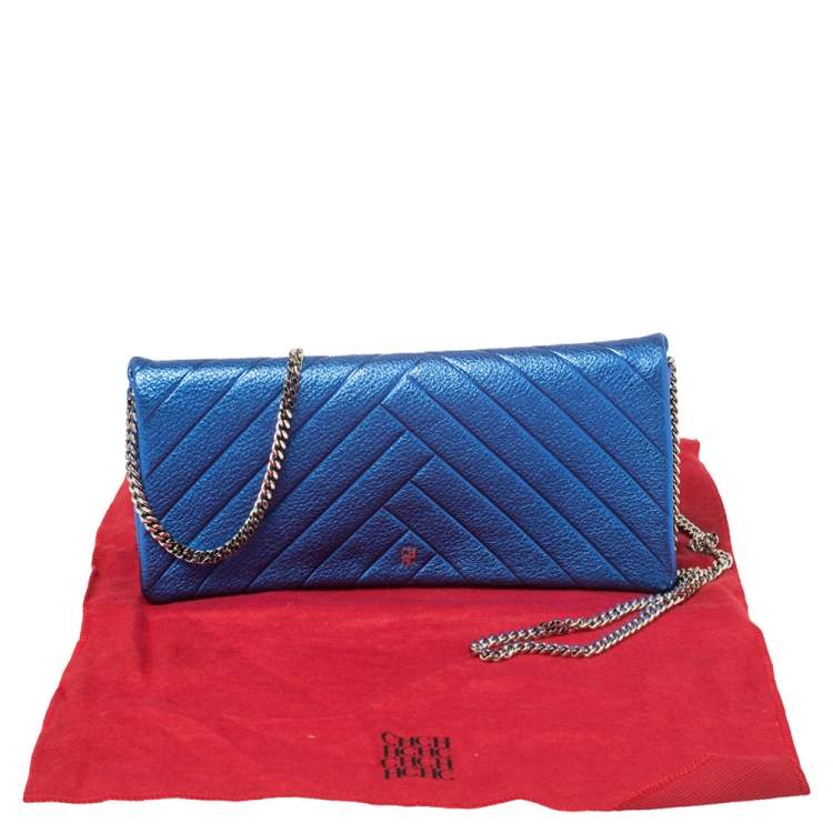 Pre Owned Carolina Herrera Metallic Blue Quilted Leather Chain Clutch