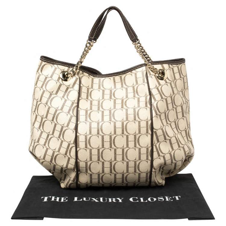 Pre Owned Carolina Herrera Brown/White Monogram Coated Canvas Chain Tote