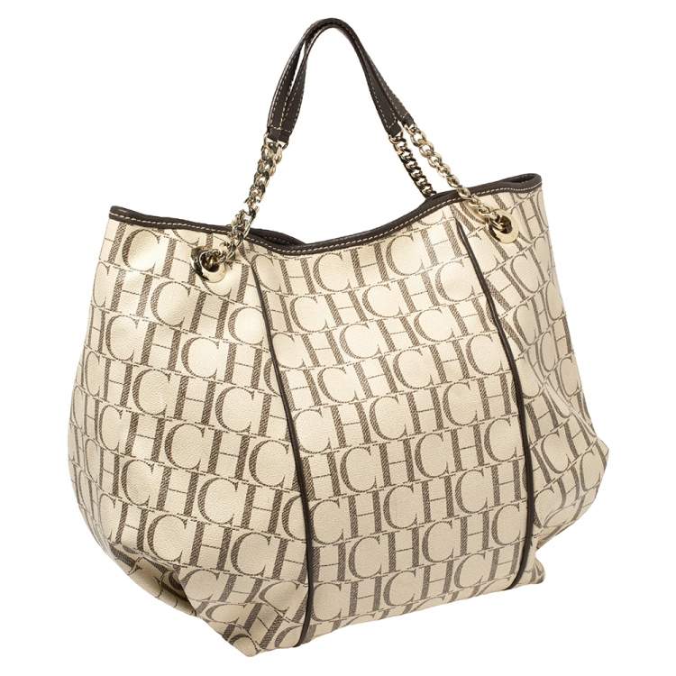 Pre Owned Carolina Herrera Brown/White Monogram Coated Canvas Chain Tote