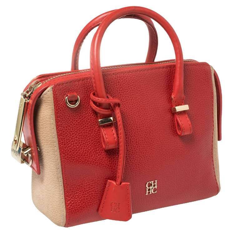 Pre Owned Carolina Herrera Red/Beige Leather and Nubuck Small Satchel