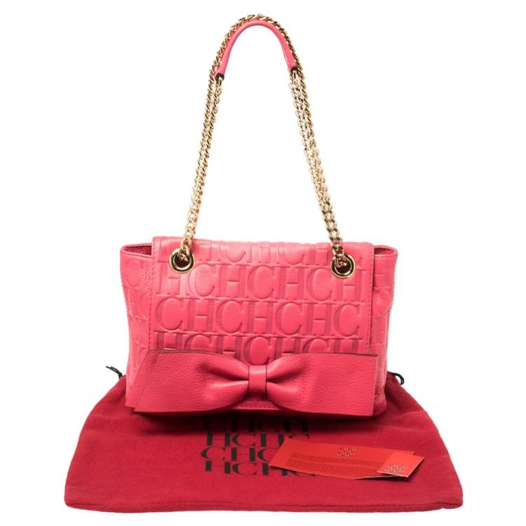 مملوكة مسبقًا Carolina Herrera Neon Pink Monogram Leather Audrey Shoulder Bag