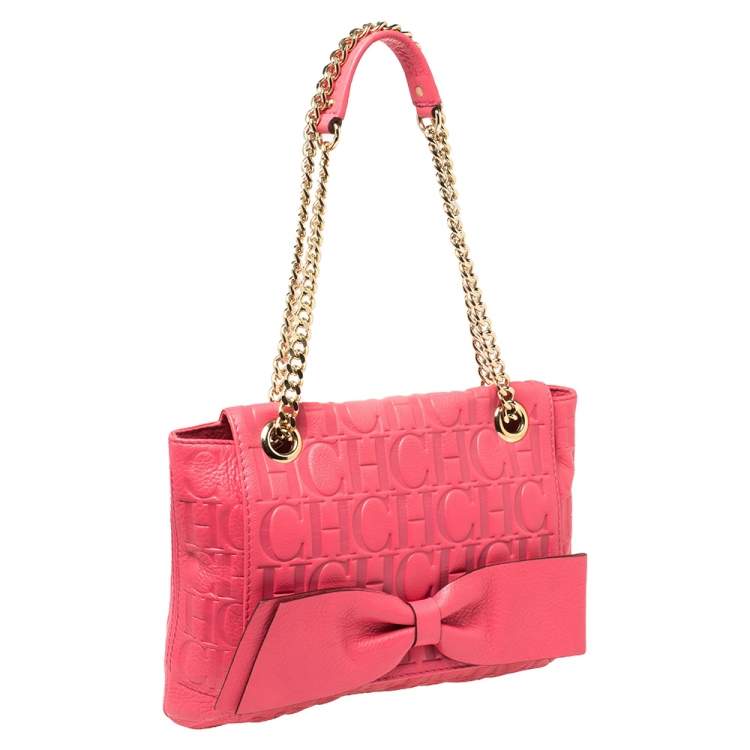 مملوكة مسبقًا Carolina Herrera Neon Pink Monogram Leather Audrey Shoulder Bag