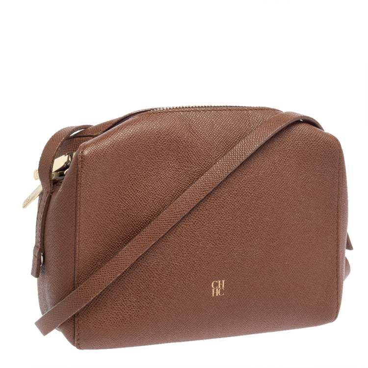 Pre Owned Carolina Herrera Brown Leather Zip Crossbody Bag