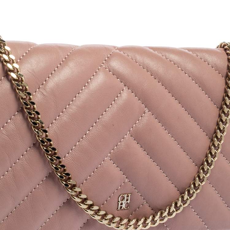 Pre Owned CH Carolina Herrera Old Rose Leather Flap Chain Clutch