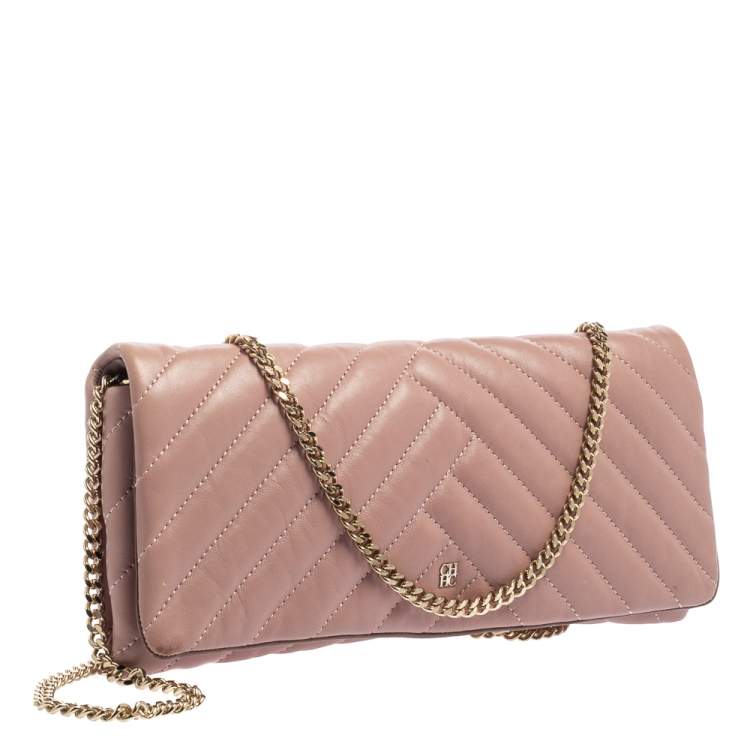 Pre Owned CH Carolina Herrera Old Rose Leather Flap Chain Clutch