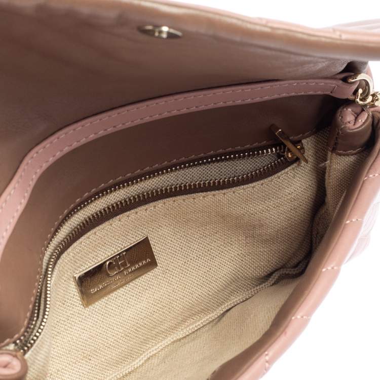 Pre Owned CH Carolina Herrera Old Rose Leather Flap Chain Clutch