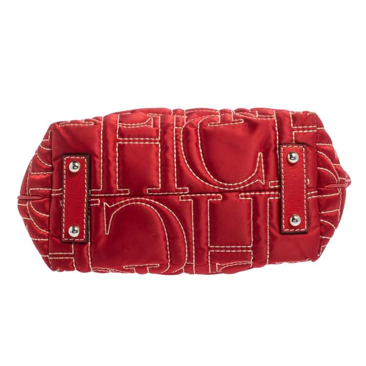 Pre Owned Carolina Herrera Red Monogram Stitch Nylon and Leather Shopper Tote