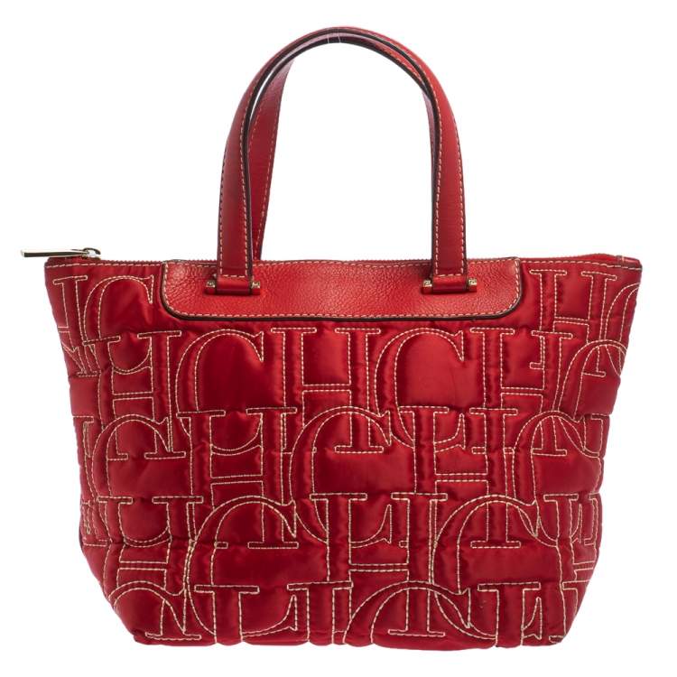 Pre Owned Carolina Herrera Red Monogram Stitch Nylon and Leather Shopper Tote