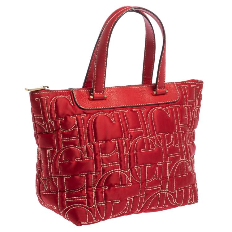 Pre Owned Carolina Herrera Red Monogram Stitch Nylon and Leather Shopper Tote