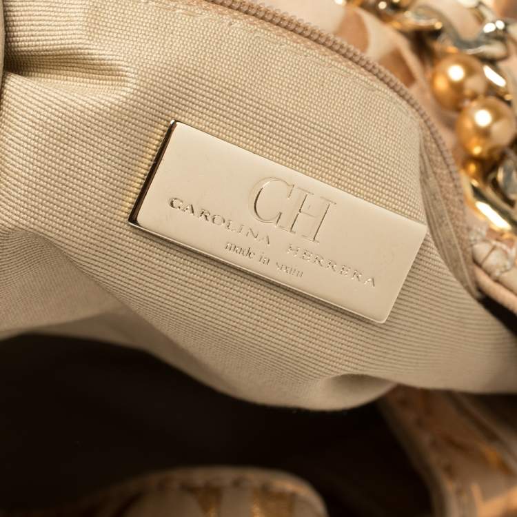 Pre Owned Carolina Herrera Beige Monogram Suede Chain Handle Tote