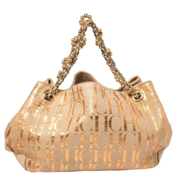 Pre Owned Carolina Herrera Beige Monogram Suede Chain Handle Tote