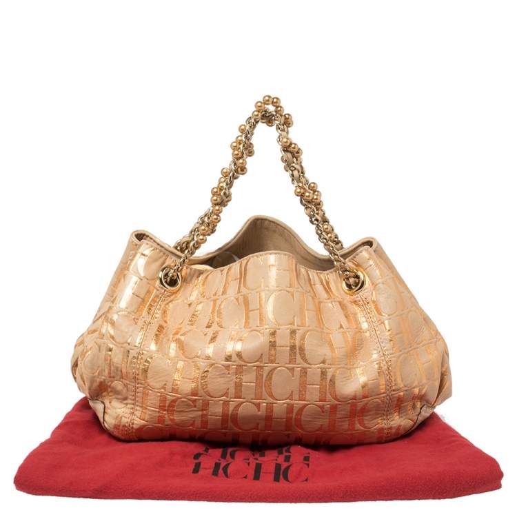 Pre Owned Carolina Herrera Beige Monogram Suede Chain Handle Tote