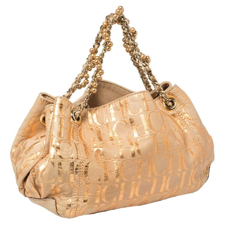 Pre Owned Carolina Herrera Beige Monogram Suede Chain Handle Tote