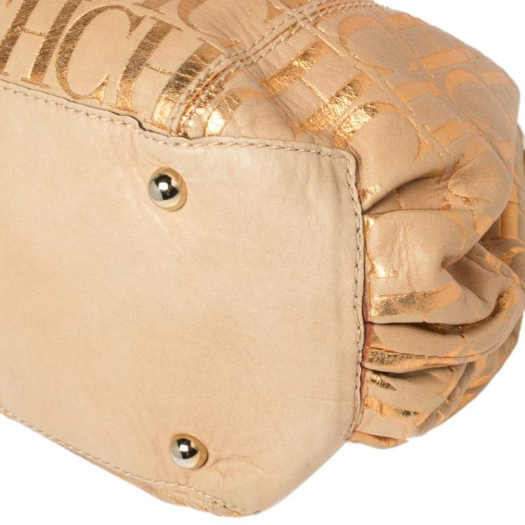 Pre Owned Carolina Herrera Beige Monogram Suede Chain Handle Tote