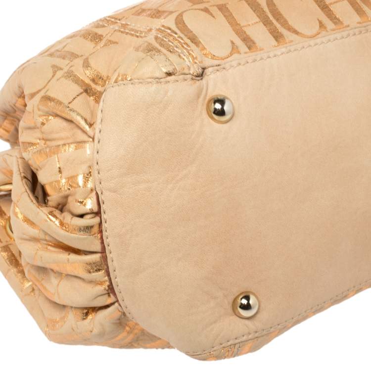 Pre Owned Carolina Herrera Beige Monogram Suede Chain Handle Tote