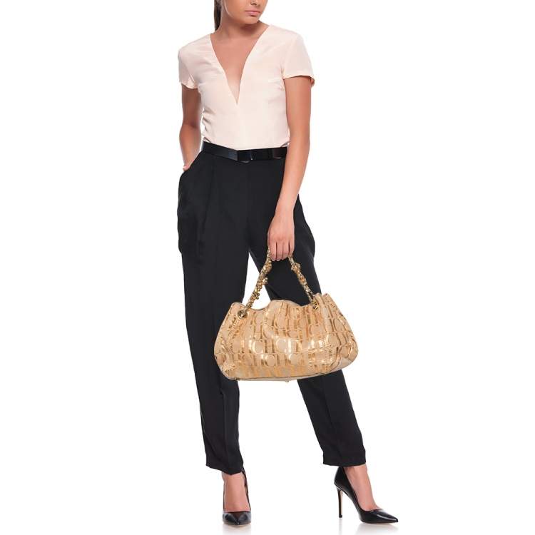 Pre Owned Carolina Herrera Beige Monogram Suede Chain Handle Tote