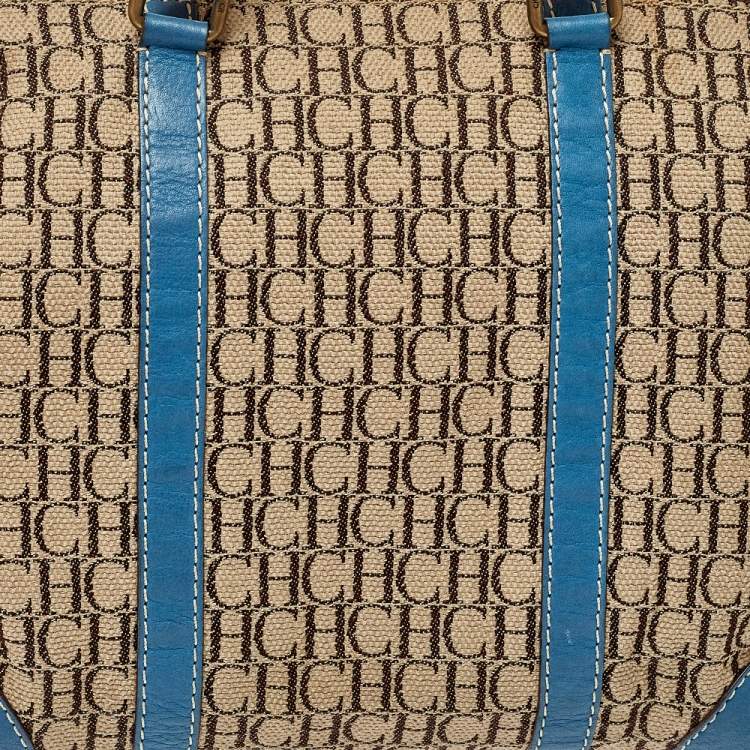 Pre Owned Carolina Herrera Beige Signature Canvas and Leather Andy Boston Bag