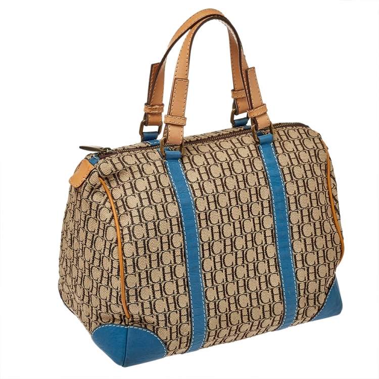 Pre Owned Carolina Herrera Beige Signature Canvas and Leather Andy Boston Bag