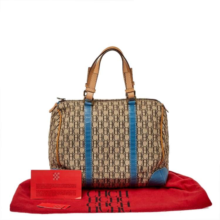 Pre Owned Carolina Herrera Beige Signature Canvas and Leather Andy Boston Bag