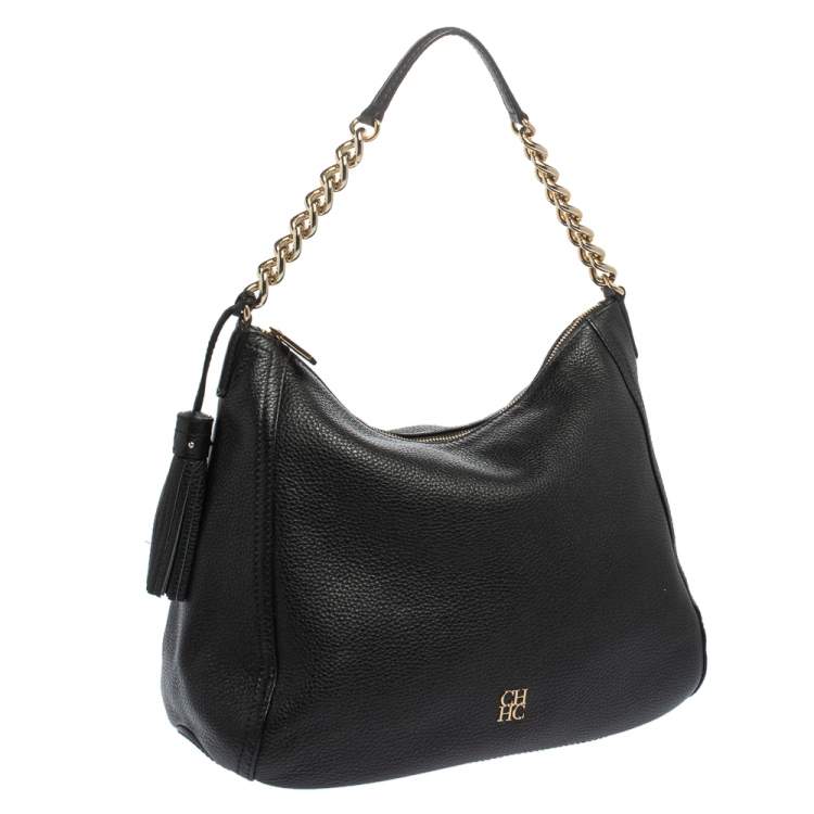 Pre Owned Carolina Herrera Black Pebbled Leather Hobo