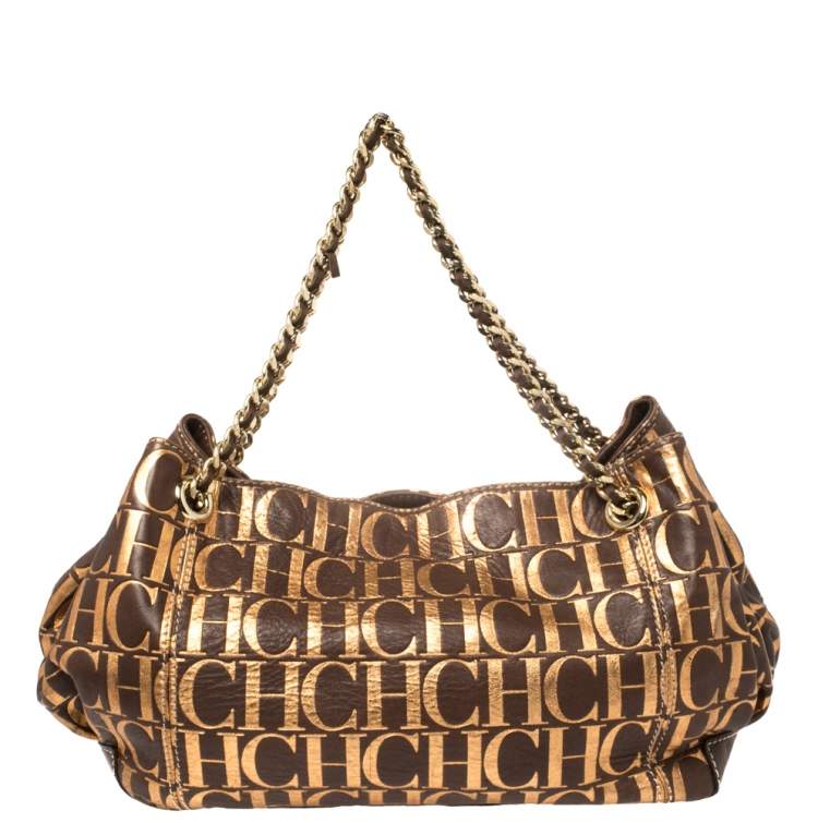 Pre Owned Carolina Herrera Brown/Metallic Gold Monogram Leather Chain Shoulder Bag