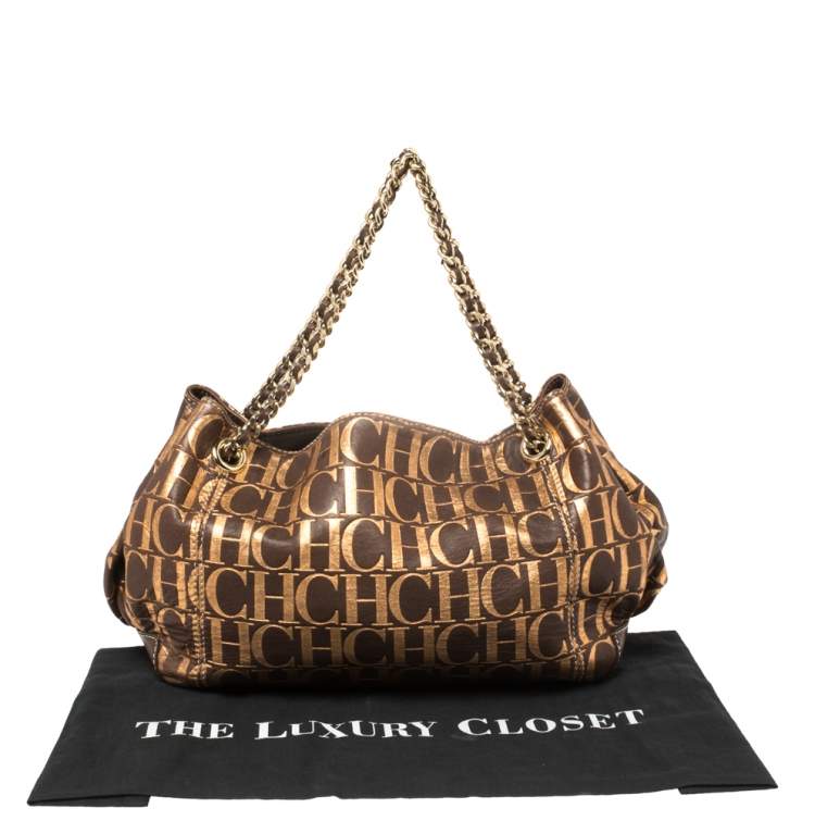 Pre Owned Carolina Herrera Brown/Metallic Gold Monogram Leather Chain Shoulder Bag