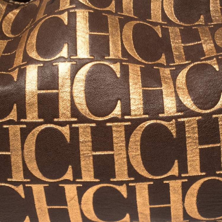 Pre Owned Carolina Herrera Brown/Metallic Gold Monogram Leather Chain Shoulder Bag