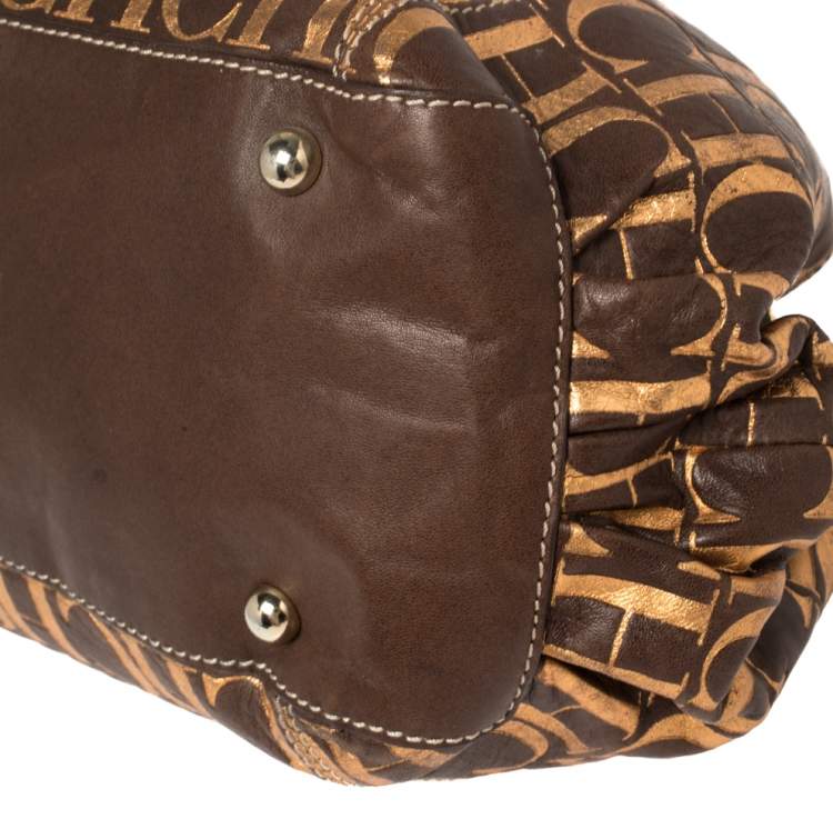Pre Owned Carolina Herrera Brown/Metallic Gold Monogram Leather Chain Shoulder Bag