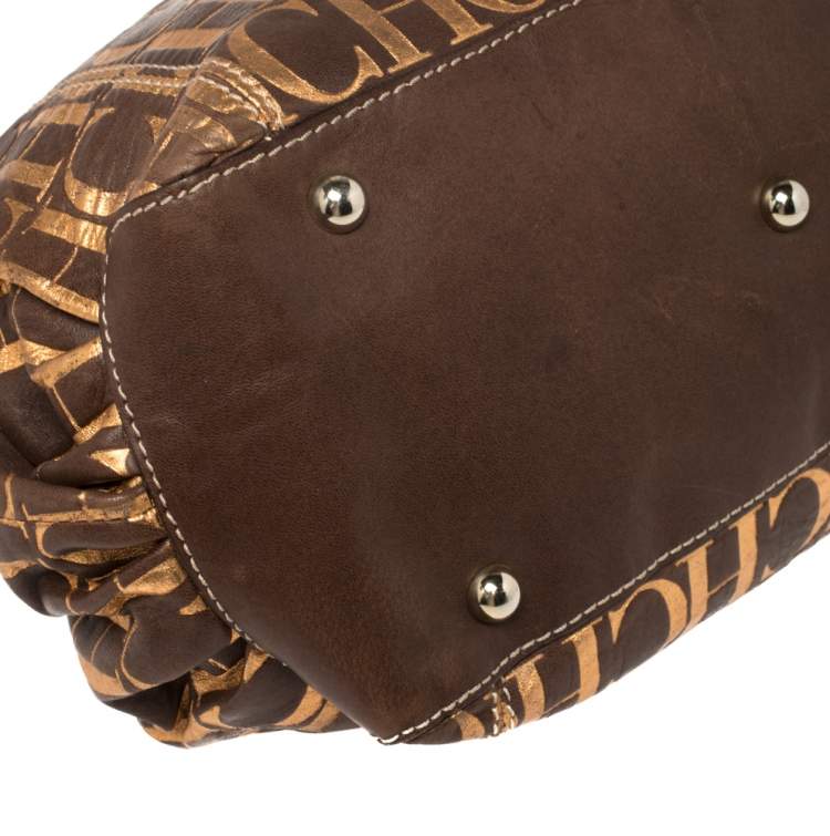Pre Owned Carolina Herrera Brown/Metallic Gold Monogram Leather Chain Shoulder Bag