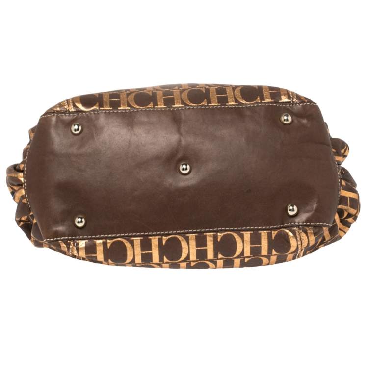 Pre Owned Carolina Herrera Brown/Metallic Gold Monogram Leather Chain Shoulder Bag