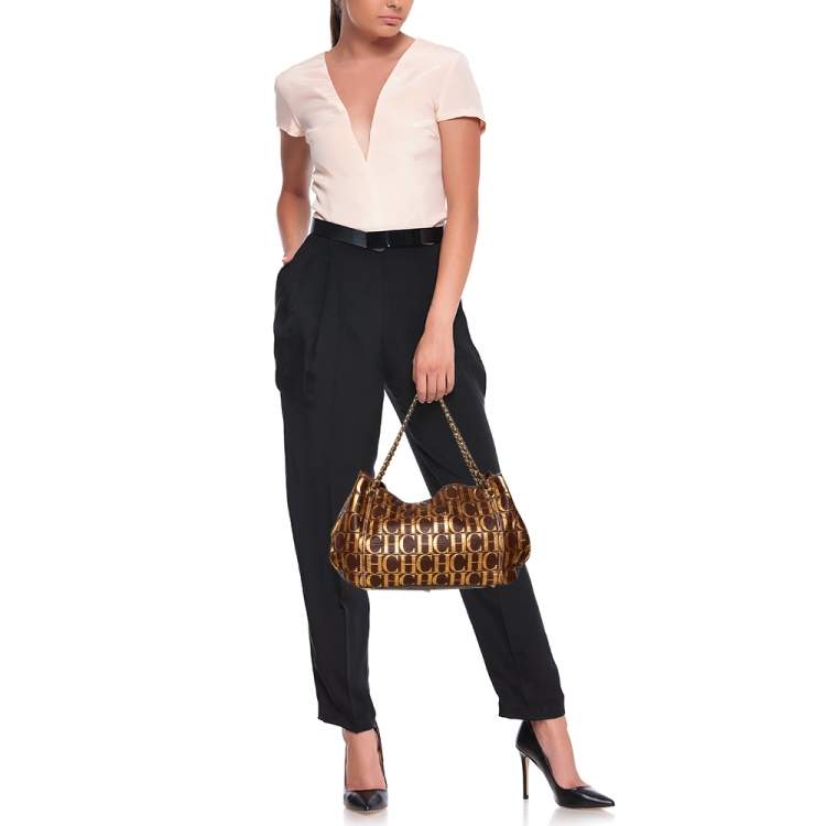 Pre Owned Carolina Herrera Brown/Metallic Gold Monogram Leather Chain Shoulder Bag