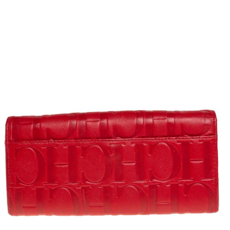 Pre Owned Carolina Herrera Red Monogram Leather Continental Wallet