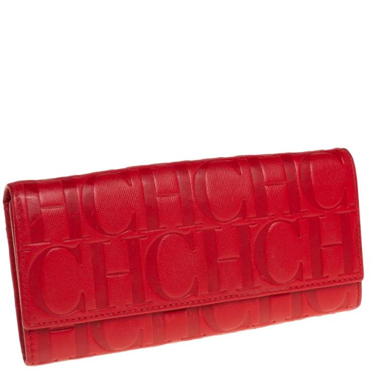 Pre Owned Carolina Herrera Red Monogram Leather Continental Wallet