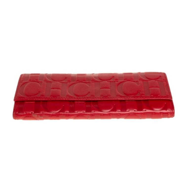 Pre Owned Carolina Herrera Red Monogram Leather Continental Wallet